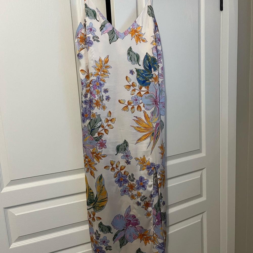 Mango Floral Maxi Slip Dress with Purple and Yellow Accents & side Slit